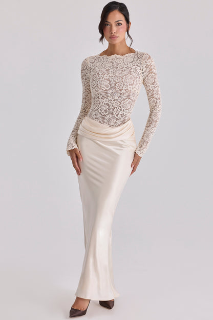 Pleat Lace Long Sleeve Bodycon Maxi Dress