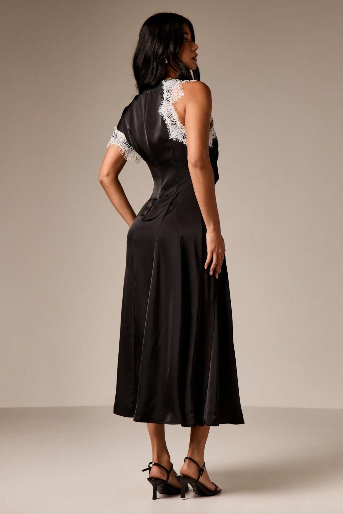 Lace Asymmetrical Satin Midi Dress