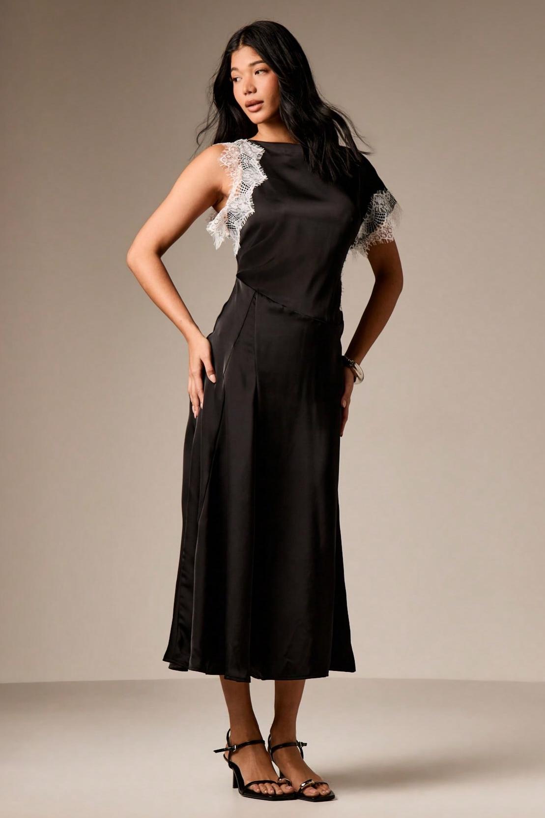 Lace Asymmetrical Satin Midi Dress