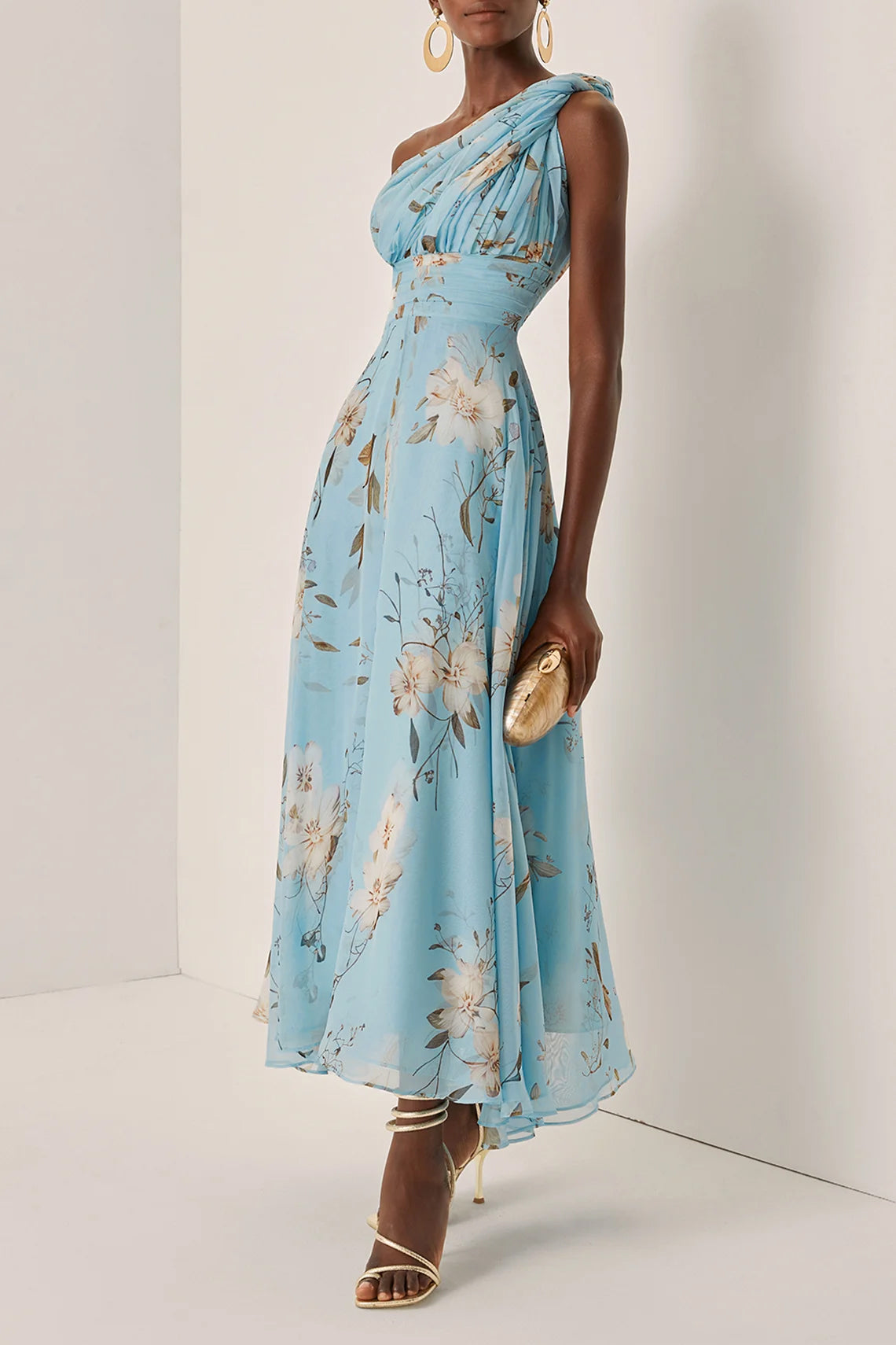 One Shoulder Floral Print Pleat Midi Dress