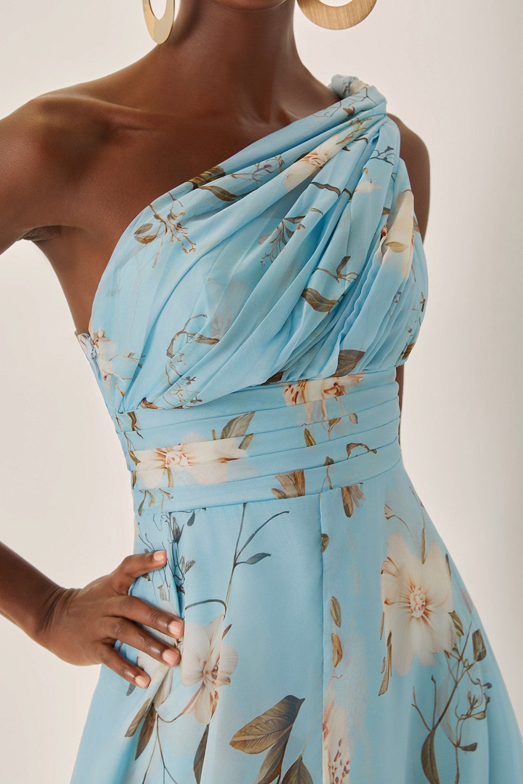 One Shoulder Floral Print Pleat Midi Dress