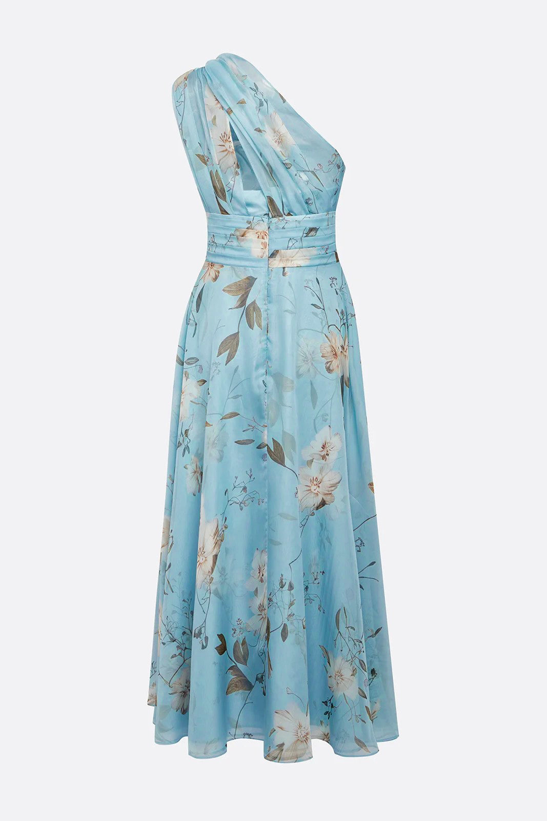 One Shoulder Floral Print Pleat Midi Dress