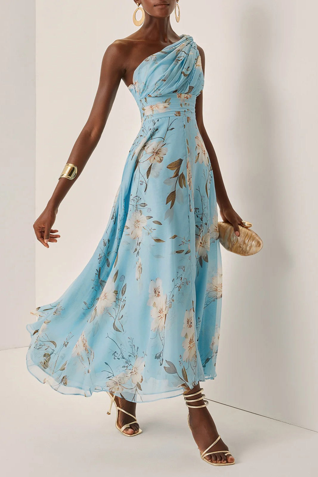 One Shoulder Floral Print Pleat Midi Dress