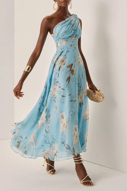 One Shoulder Floral Print Pleat Midi Dress