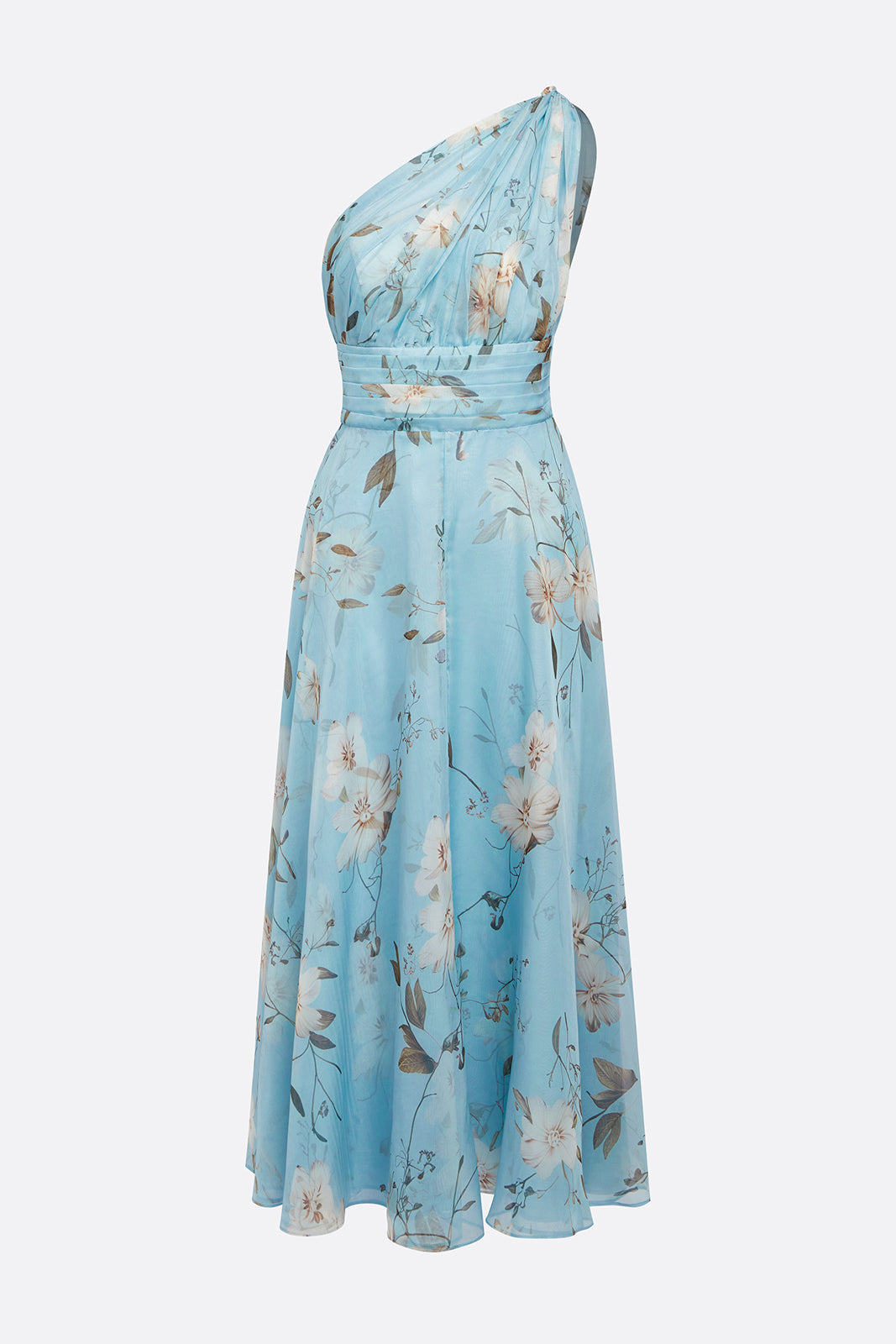 One Shoulder Floral Print Pleat Midi Dress