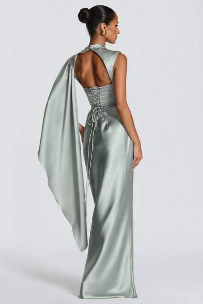 Satin Asymmetrical Cape Ruched Maxi Dress