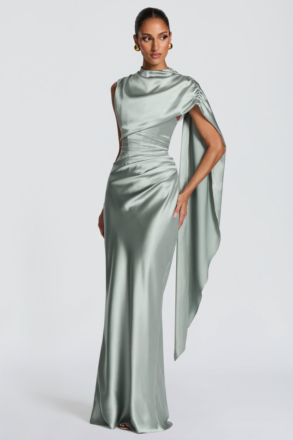 Satin Asymmetrical Cape Ruched Maxi Dress