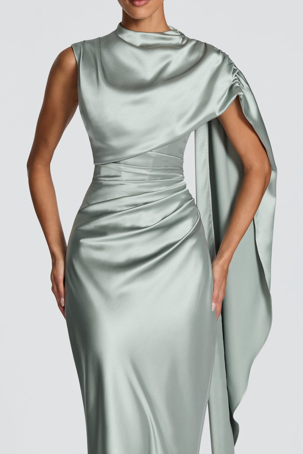 Satin Asymmetrical Cape Ruched Maxi Dress