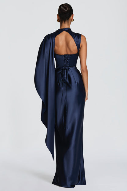 Satin Asymmetrical Cape Ruched Maxi Dress