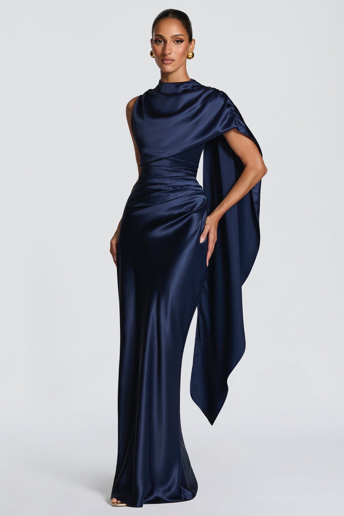 Satin Asymmetrical Cape Ruched Maxi Dress