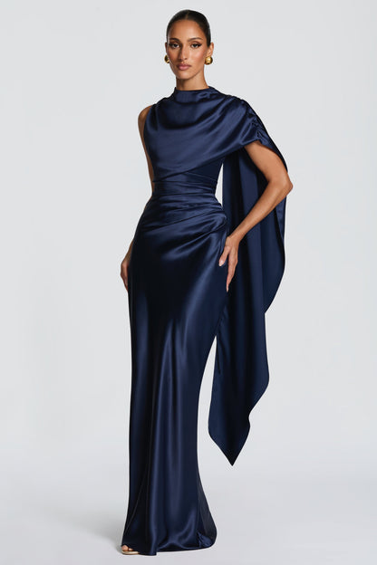 Satin Asymmetrical Cape Ruched Maxi Dress