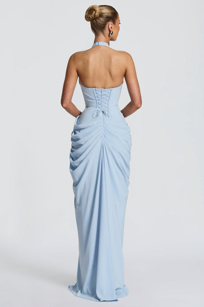 Gathering Halter Neck Tie-Up Maxi Dress