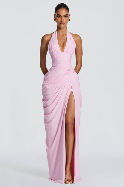 Gathering Halter Neck Tie-Up Maxi Dress