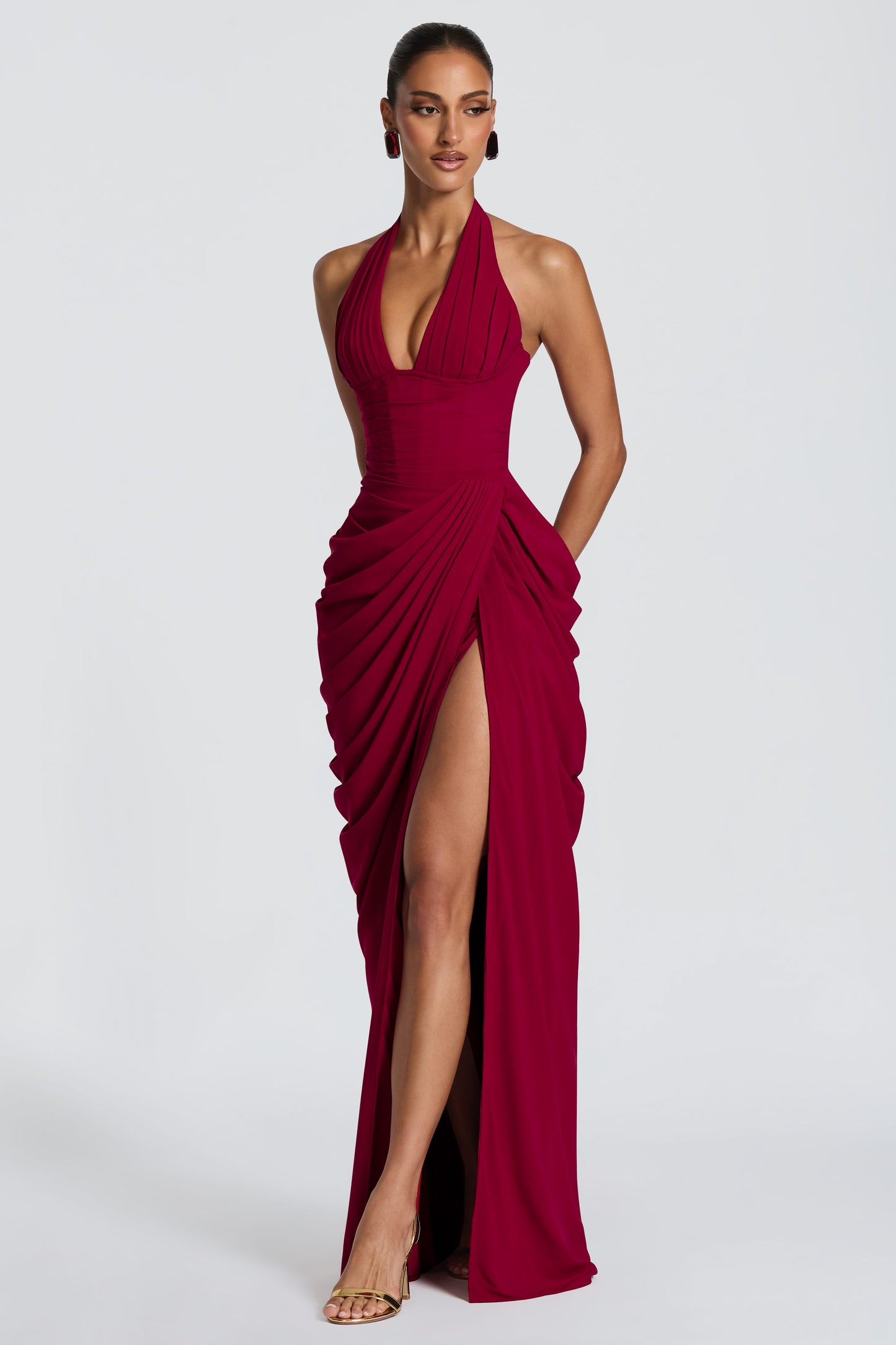 Gathering Halter Neck Tie-Up Maxi Dress