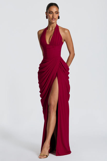 Gathering Halter Neck Tie-Up Maxi Dress