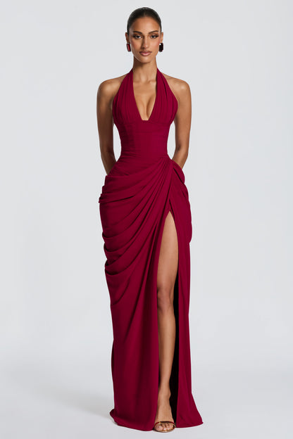 Gathering Halter Neck Tie-Up Maxi Dress