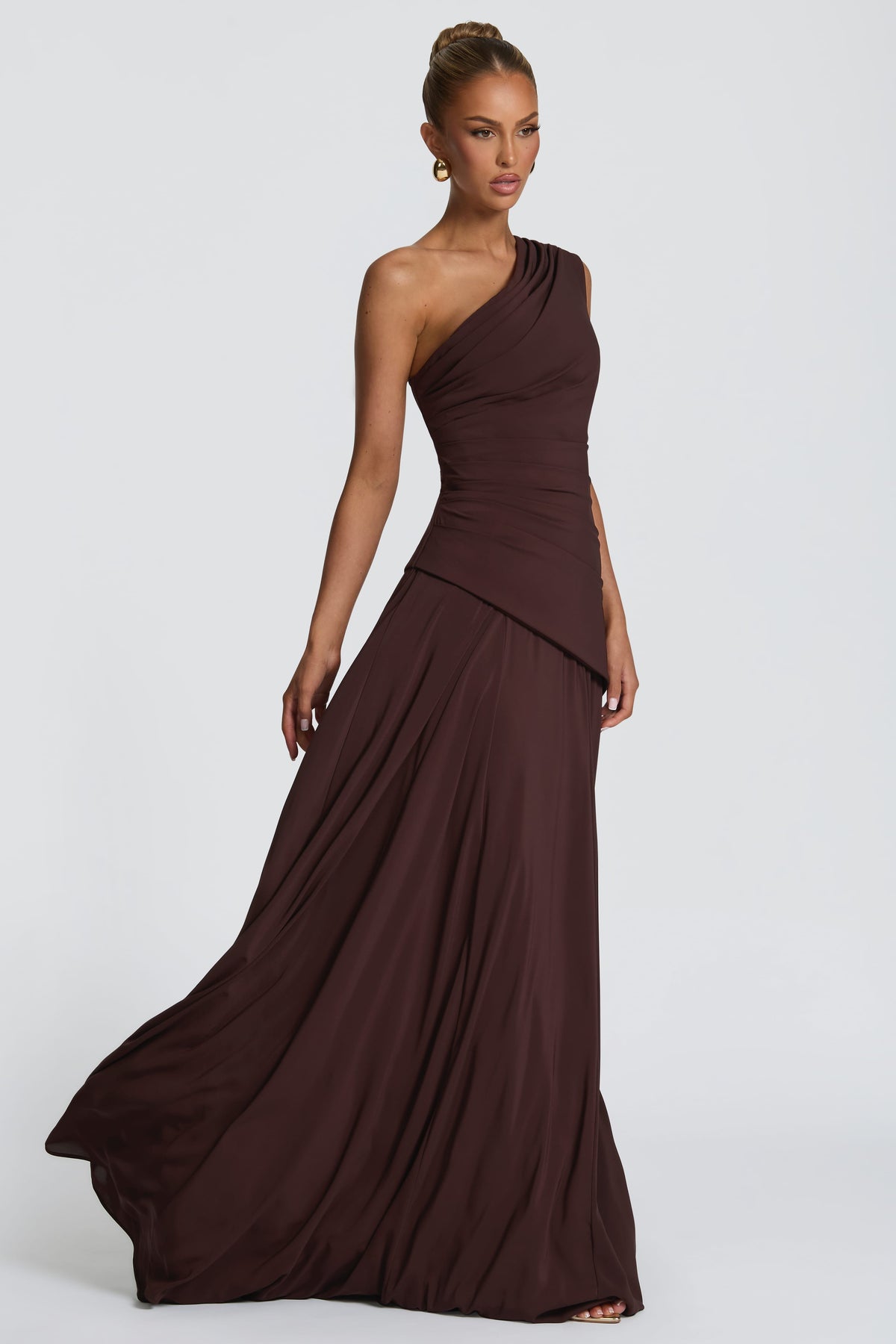 One Shoulder Gathering Tie-Up Maxi Dress