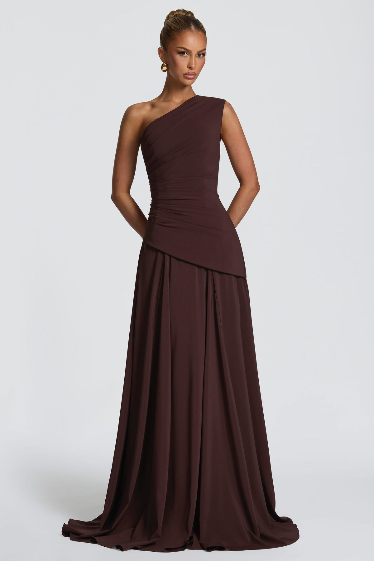 One Shoulder Gathering Tie-Up Maxi Dress
