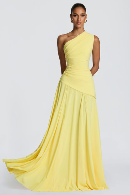 One Shoulder Gathering Tie-Up Maxi Dress