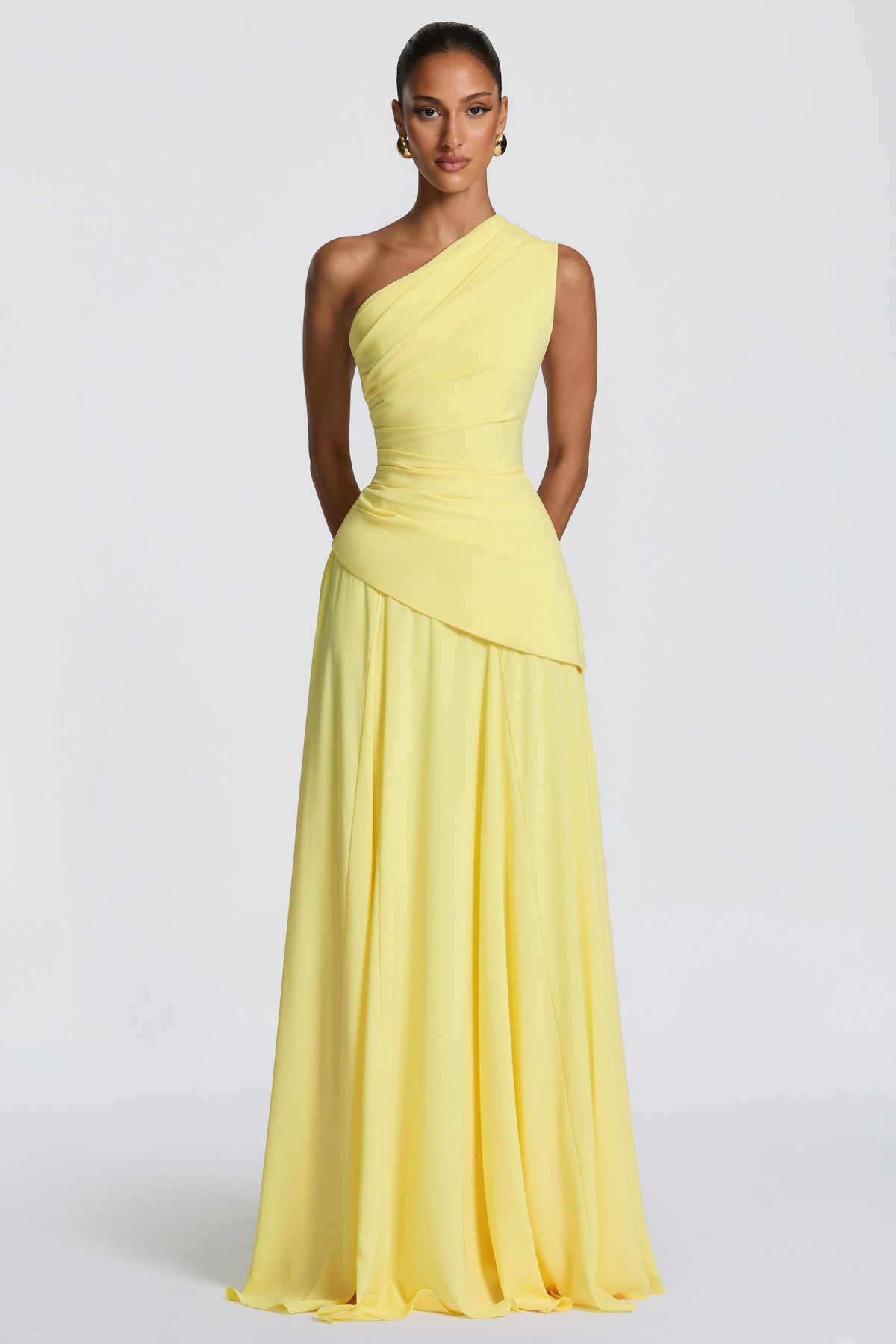 One Shoulder Gathering Tie-Up Maxi Dress