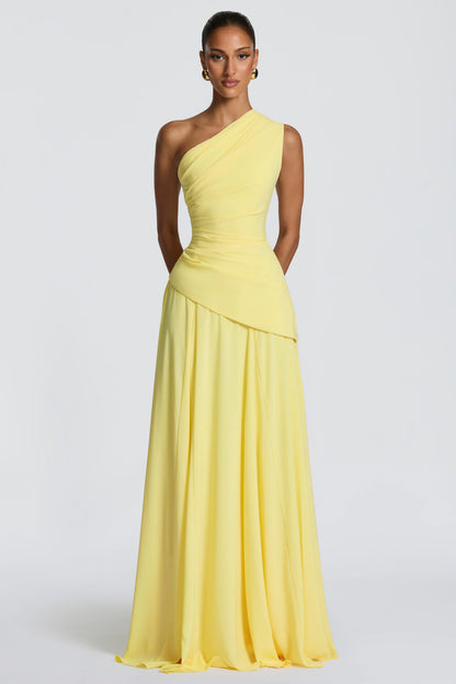 One Shoulder Gathering Tie-Up Maxi Dress