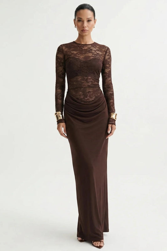 Lace Long Sleeve Ruched Maxi Dress