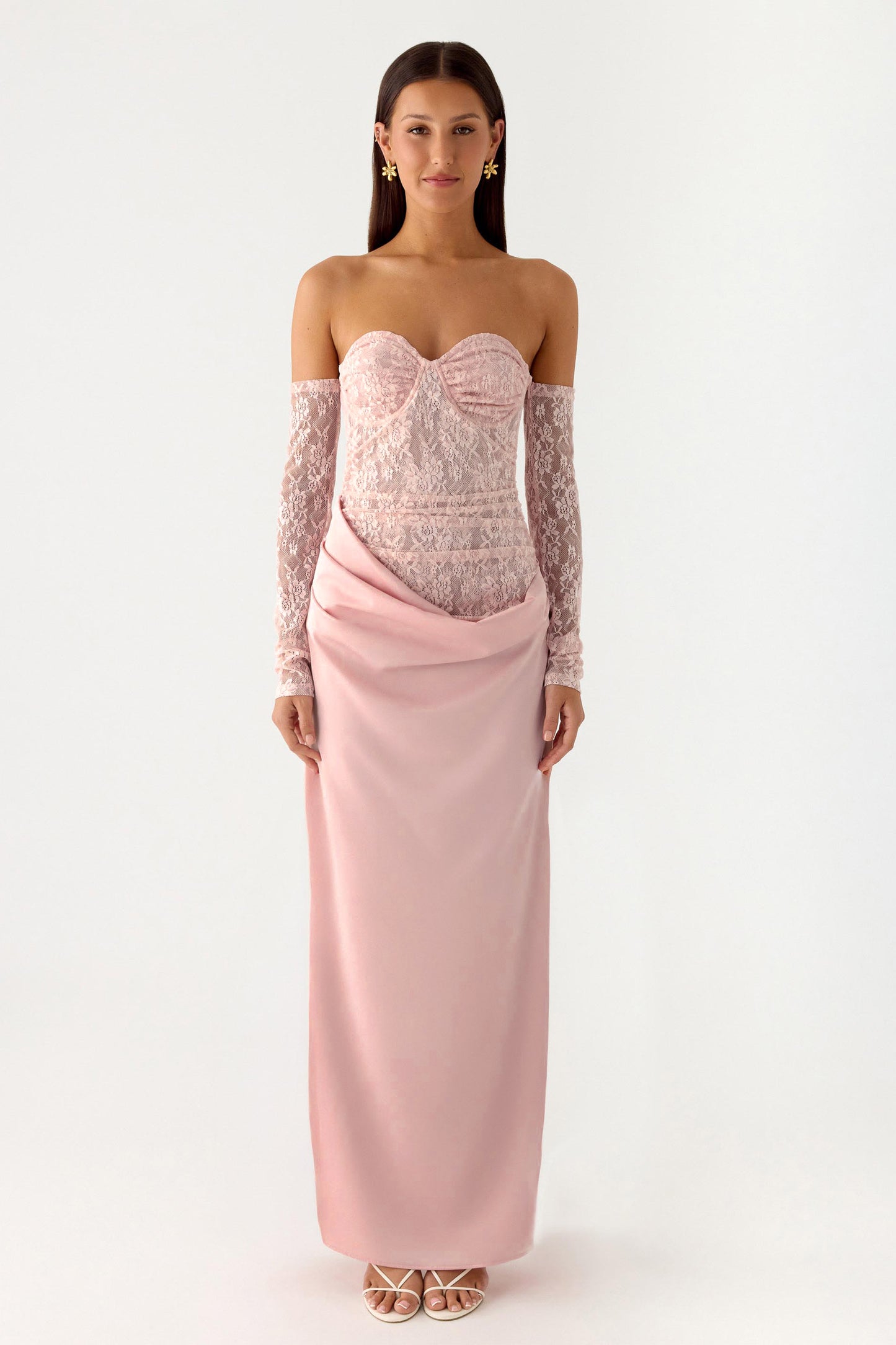 Lace Satin Sweetheart Neck Midi Dress