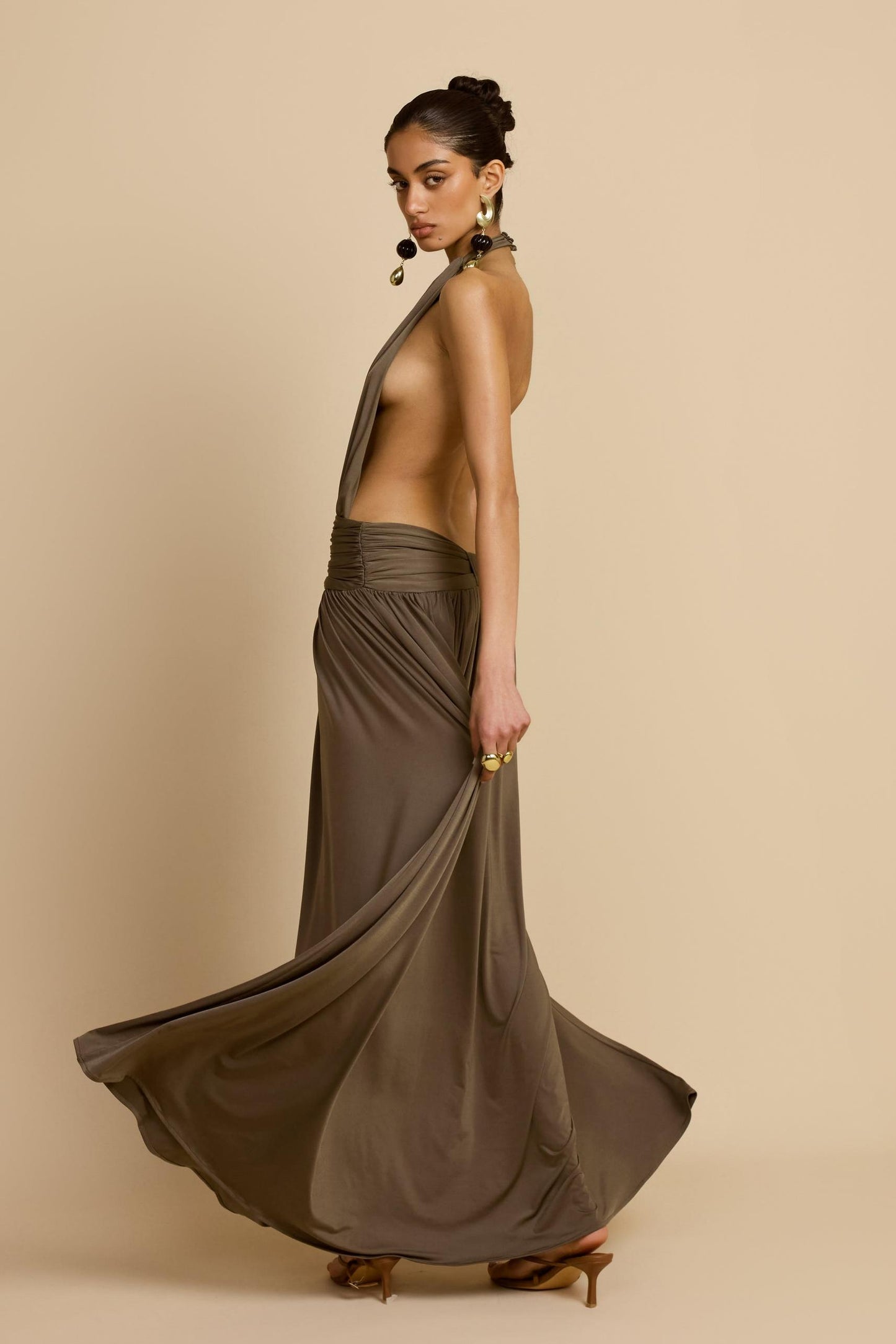 Halter Neck Backless Gathering Maxi Dress