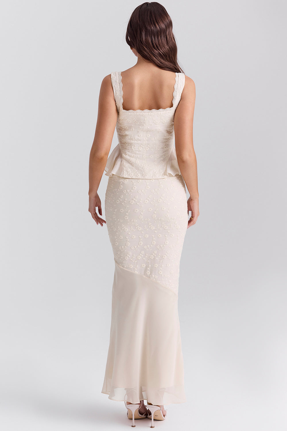 Embroidered Button Top & High Waist Midi Skirt Set