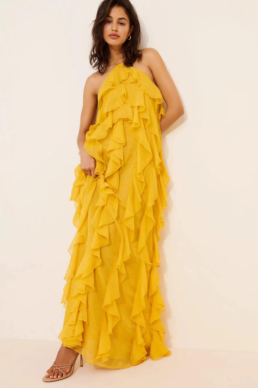 Solid Ruffle Halter Neck Maxi Dress