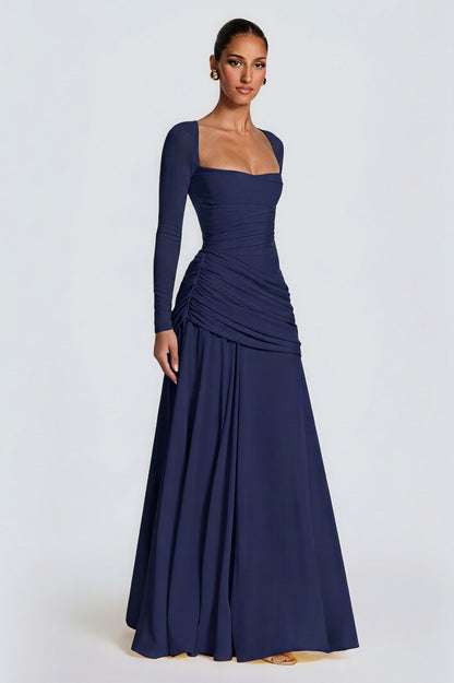 Square Collar Gathering Long Sleeve Maxi Dress