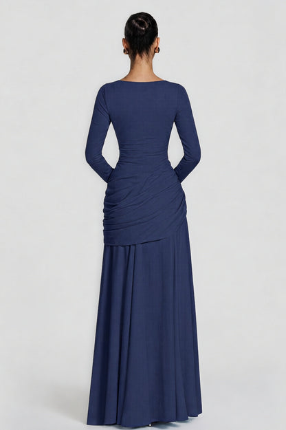 Square Collar Gathering Long Sleeve Maxi Dress