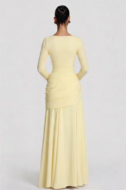 Square Collar Gathering Long Sleeve Maxi Dress