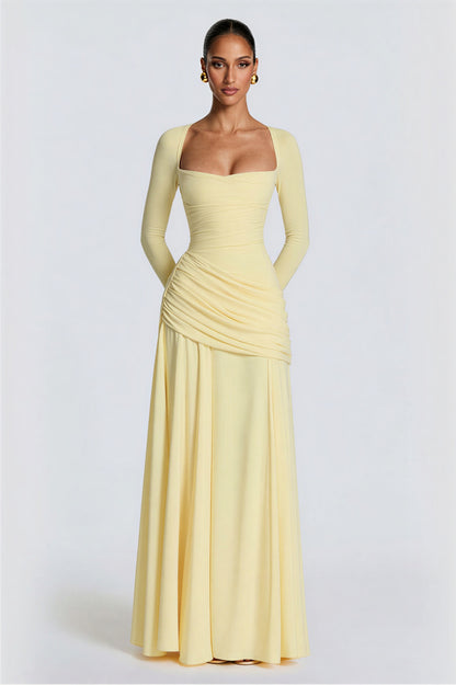 Square Collar Gathering Long Sleeve Maxi Dress