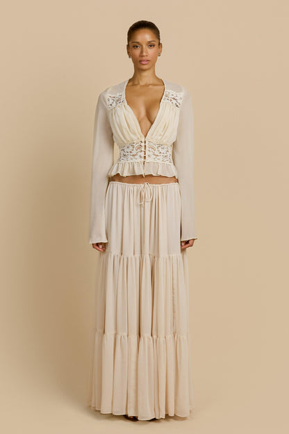 Lace Button Top & Mid Waist Maxi Skirt Set
