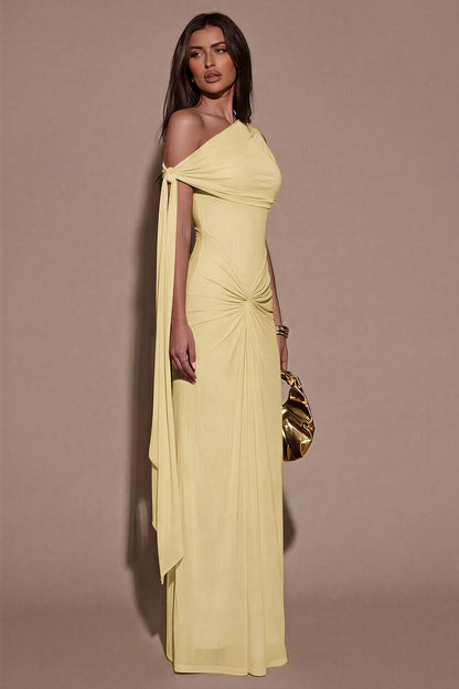 Solid One Shoulder Gathering Maxi Dress