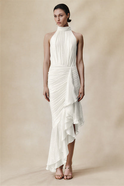 Halter Neck Pleated Ruffle Midi Dress