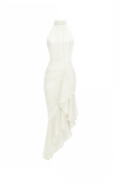 Halter Neck Pleated Ruffle Midi Dress