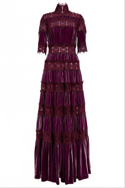 Lace Velvet High Neck Maxi Dress