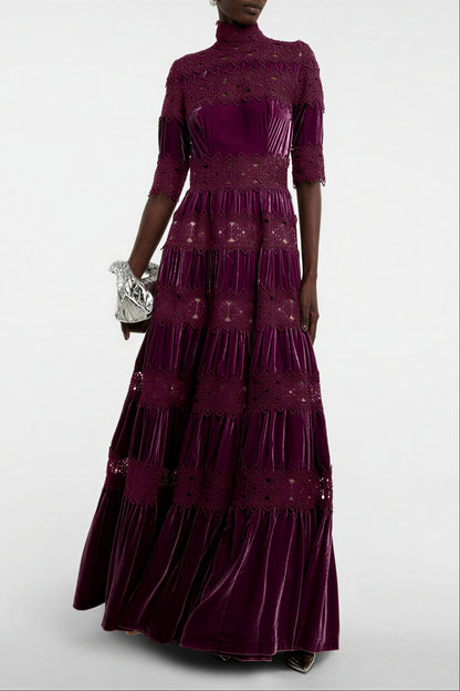 Lace Velvet High Neck Maxi Dress