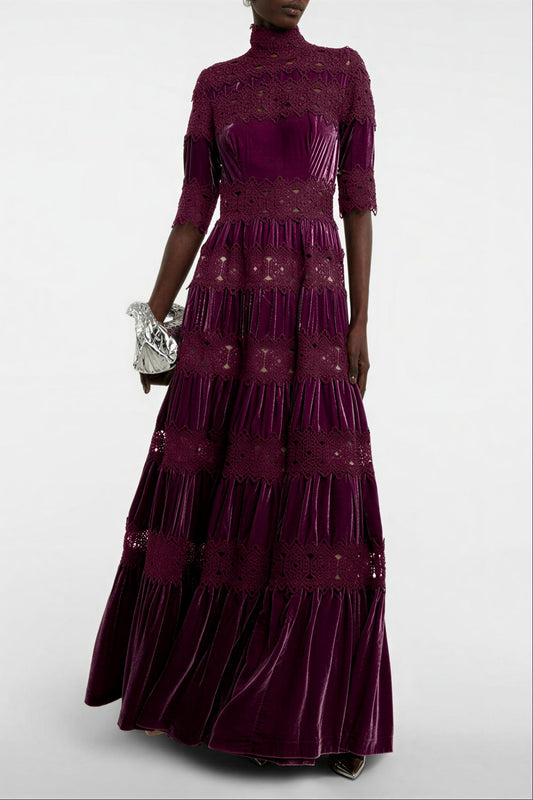 Lace Velvet High Neck Maxi Dress
