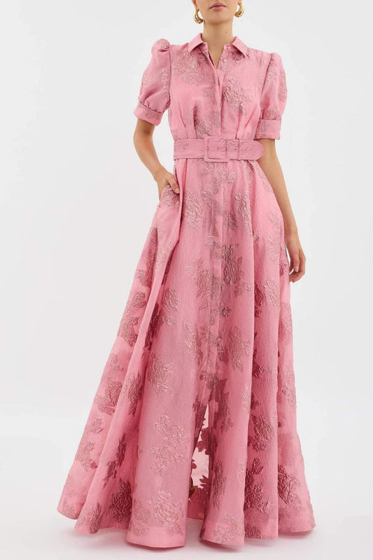 Jacquard Shirt Collar Puff Sleeve Maxi Dress With Belt