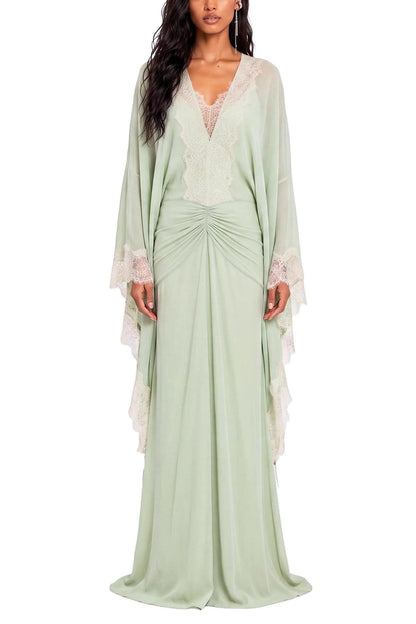 Lace Splicing Gathering Batwing Sleeve Maxi Dress