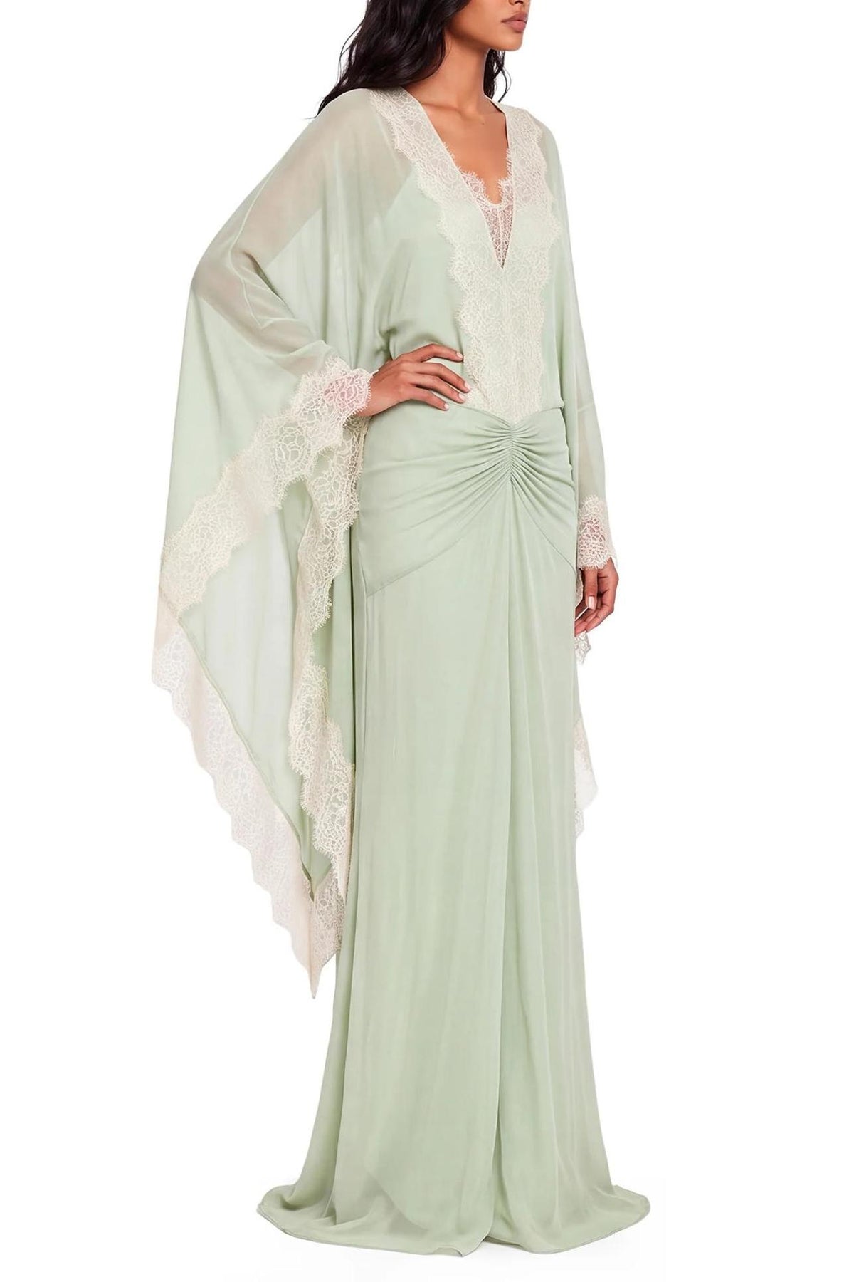 Lace Splicing Gathering Batwing Sleeve Maxi Dress