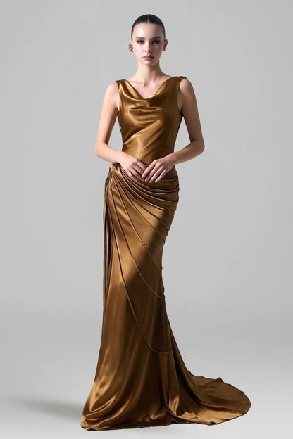 Satin Swing Collar Ruched Maxi Dress