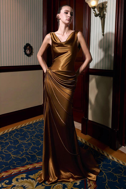 Satin Swing Collar Ruched Maxi Dress