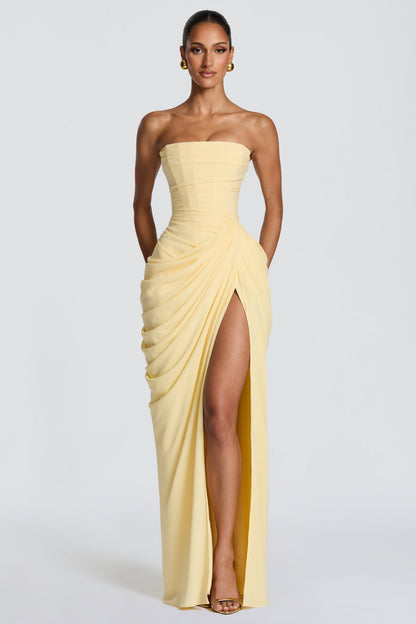 Ruched Strapless Slit Midi Dress