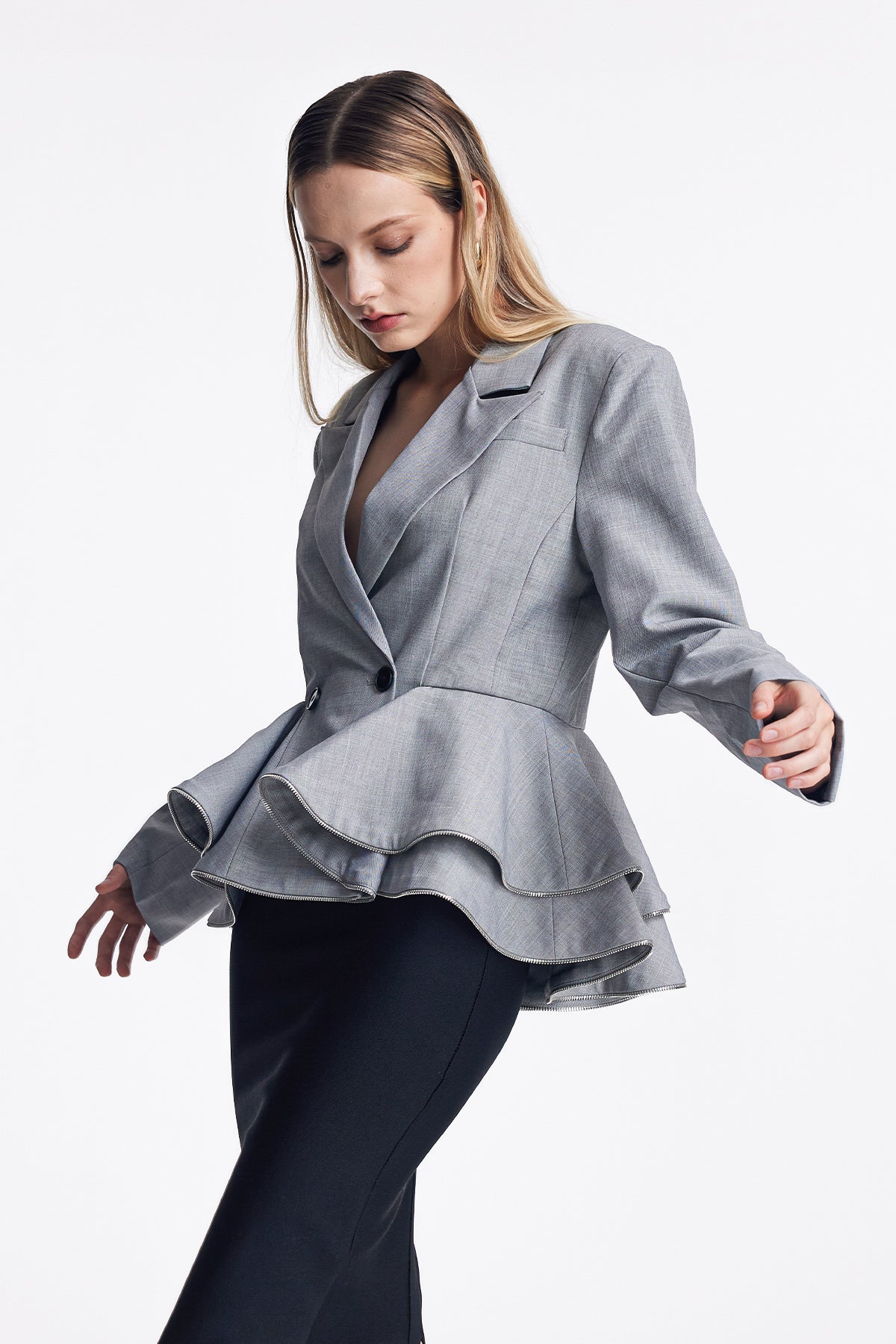 Sage Peplum Ruffle Blazer