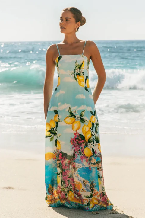 Fruit Print Lace Up Slip Maxi Dress