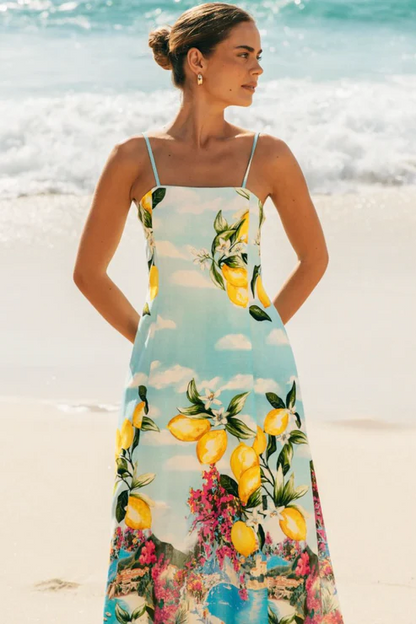 Fruit Print Lace Up Slip Maxi Dress
